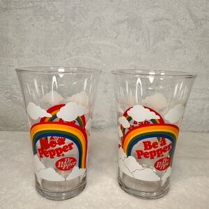 Vintage Pair Of 2 Dr Pepper "Be A Pepper" Rainbow Clouds Art Pint Drink Glasses